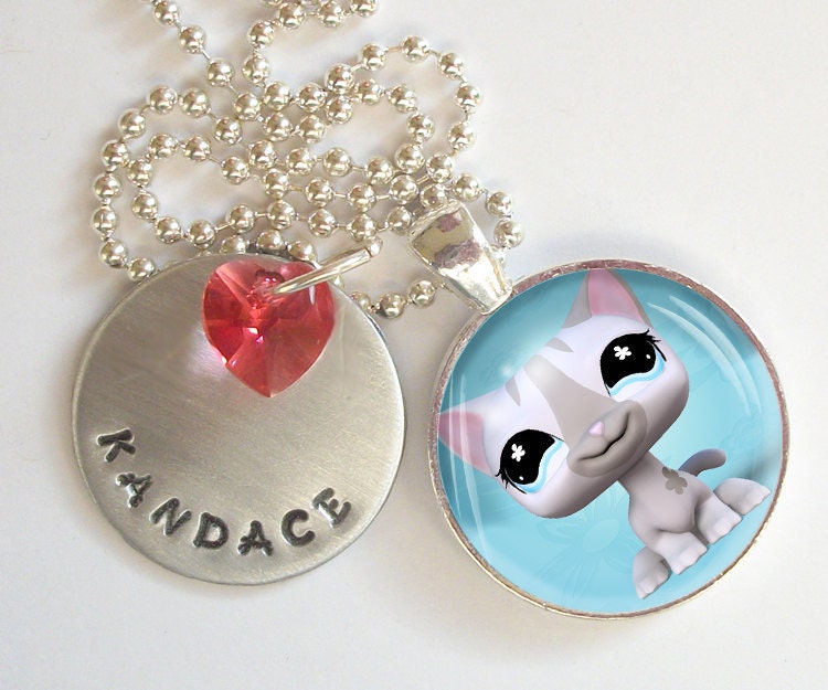 Cat Pet Personalized Hand Stamped Necklace Swarovski Crystal Heart  r12