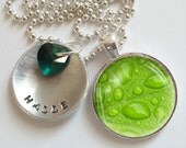 Wet Leaf Personalized Hand Stamped Necklace Swarovski Crystal Heart  r13