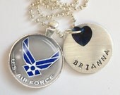 US Air-force Personalized Hand Stamped Necklace Swarovski Crystal Heart  r28
