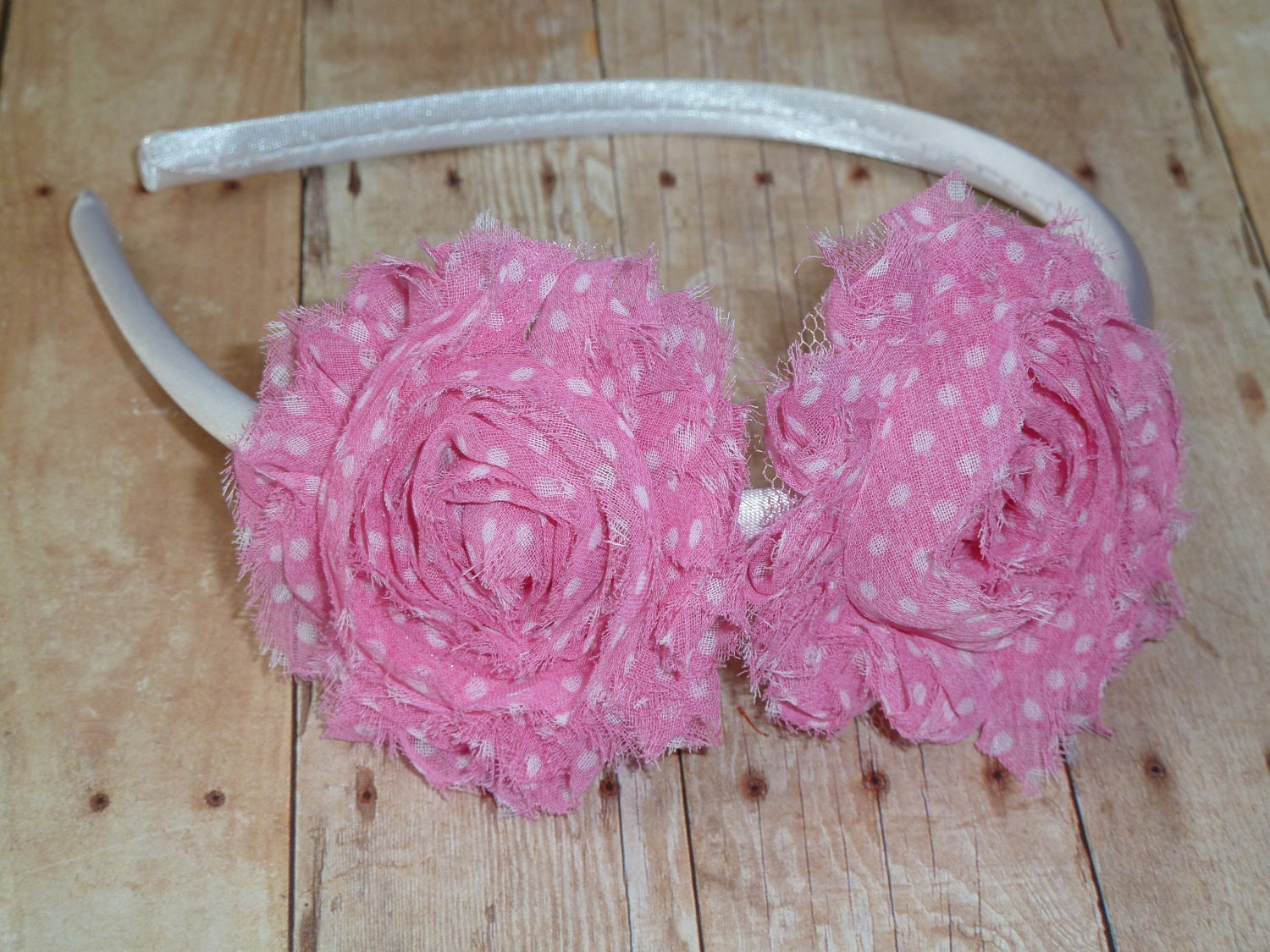 Flower Headband - Baby Flower Headband - Girl Headband - Adult Headband - Pink with White Polka Dots Chiffon Rosettes