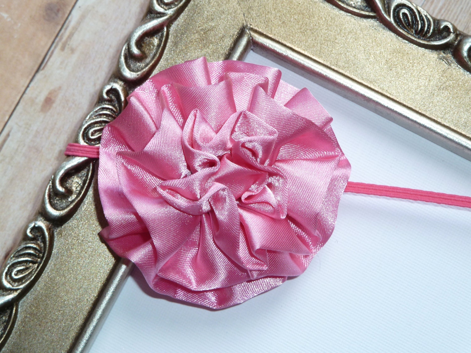 Flower Headband - Baby Flower Headband - Girl Flower Headband - Hot Pink Satin Fabric Puff