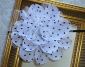 Flower Headband - White with Black Polka Dots Chiffon and Tulle Mesh Puff
