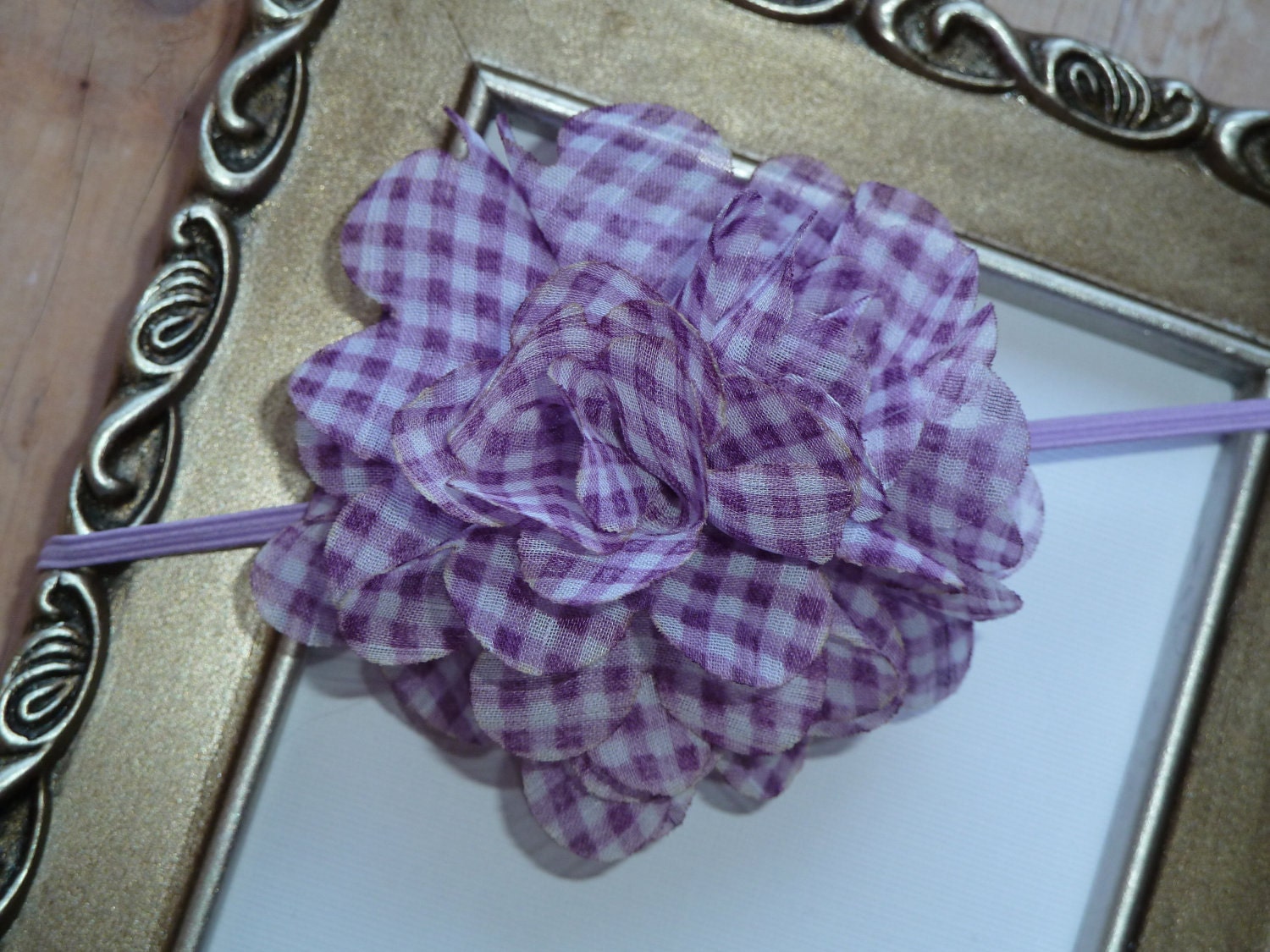 Baby Girl Flower Headband - Flower Headband - Lilac and White Gingham Chiffon Puff