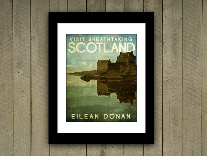 Scotland Travel Print 12x15 Poster Eilean Donan in Rich Green, Blue, Brown Textures - JustABitOutside