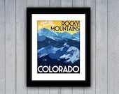 Colorado Travel Print 16x20 Rocky Mountains Vintage Style Poster in Deep Blue, Yellow, Orange Textures