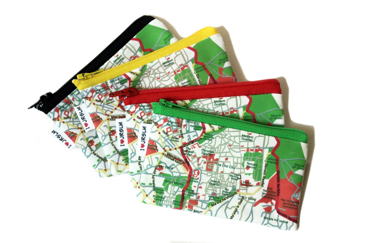 JERUSALEM map Wallet cotton zipper pouch - souvenir from Israel - gift from Israel - coin purse or business card holder