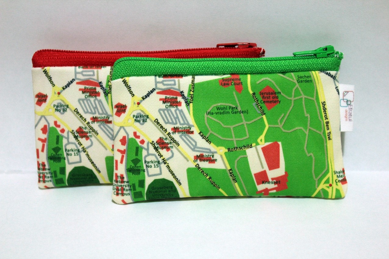 JERUSALEM map Wallet cotton zipper pouch - souvenir from Israel - gift from Israel - coin purse or business card holder