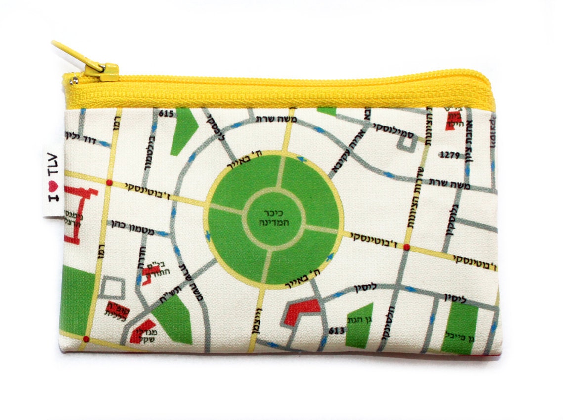 Zipper pouch coin purse - Tel Aviv Map Wallet - a souvenir from Israel - a pouch for change with yellow zipper and green summer colors
