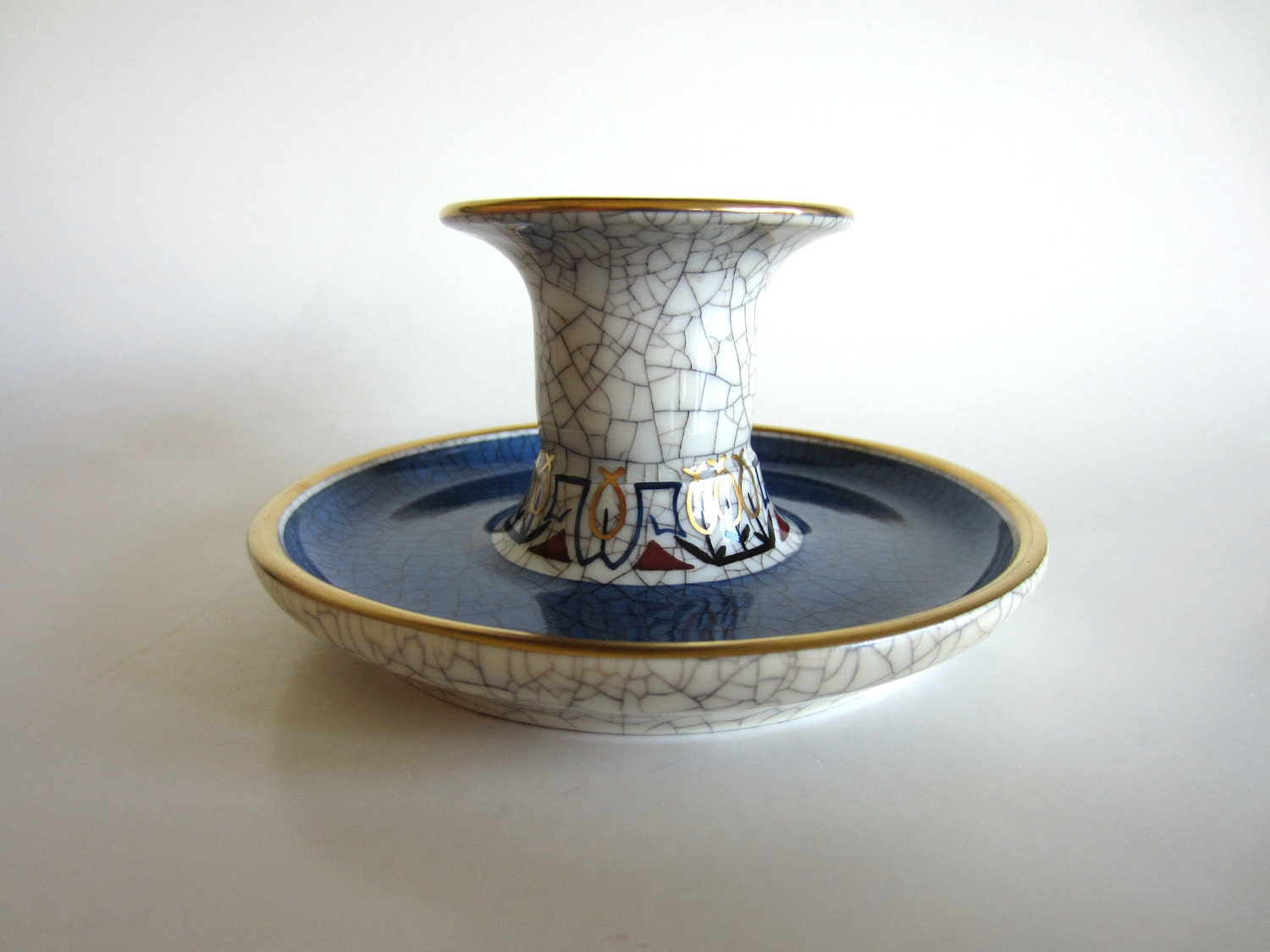 Dahl Jensen Denmark Scandinavian Candle Holder Mid Century Tulips Blue White Crackle Gold Trim Candlestick