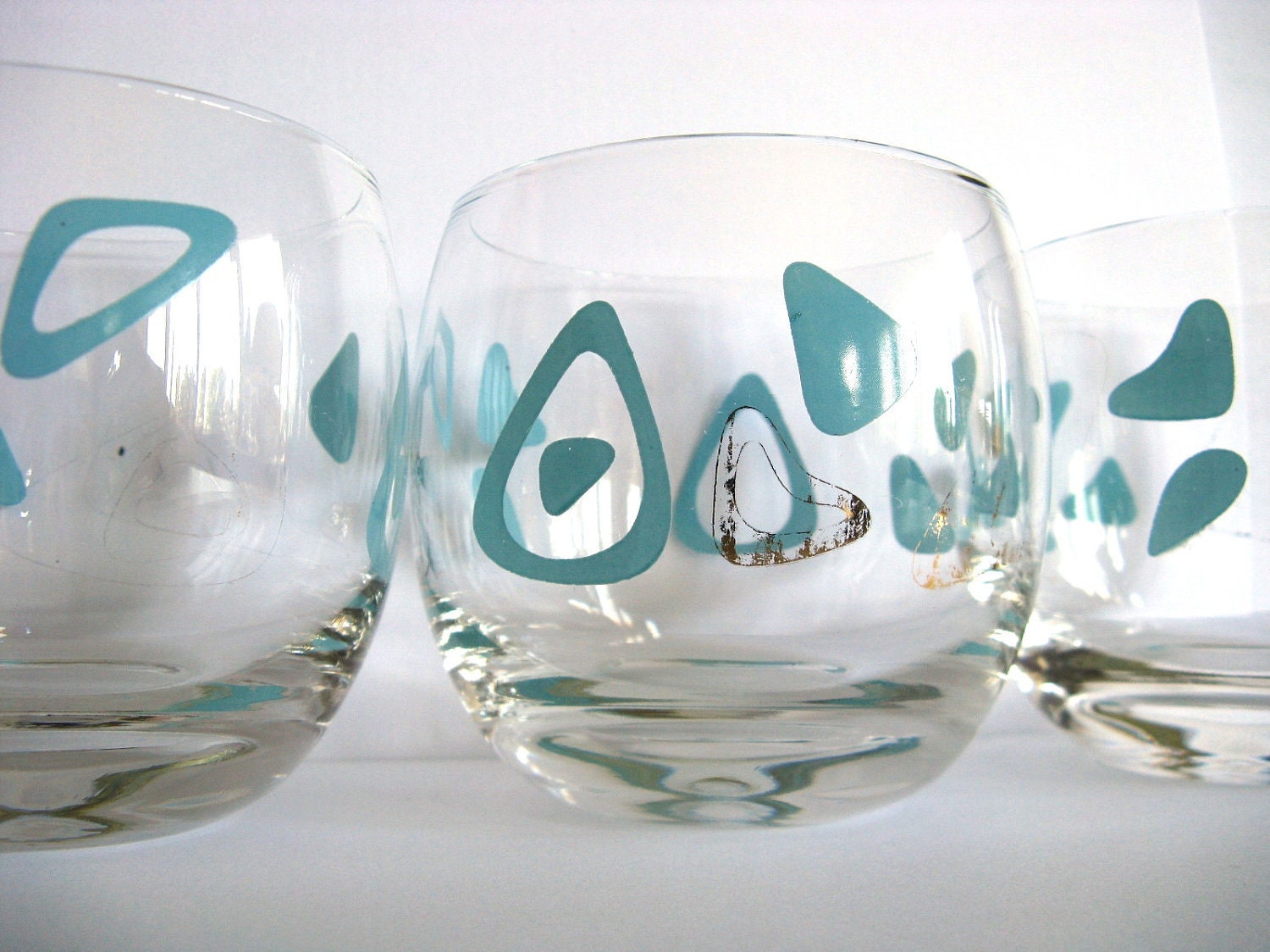 Roly Poly Glasses 60's Retro Vintage Light Blue Turquoise Gold Barware Set of Three (3)
