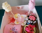12 Piece Sampler  Baby Creeper , Bib, Burp Cloth, Socks Cupcakes, Washcloth Lollipops FREE  Blanket Cupcake with Order