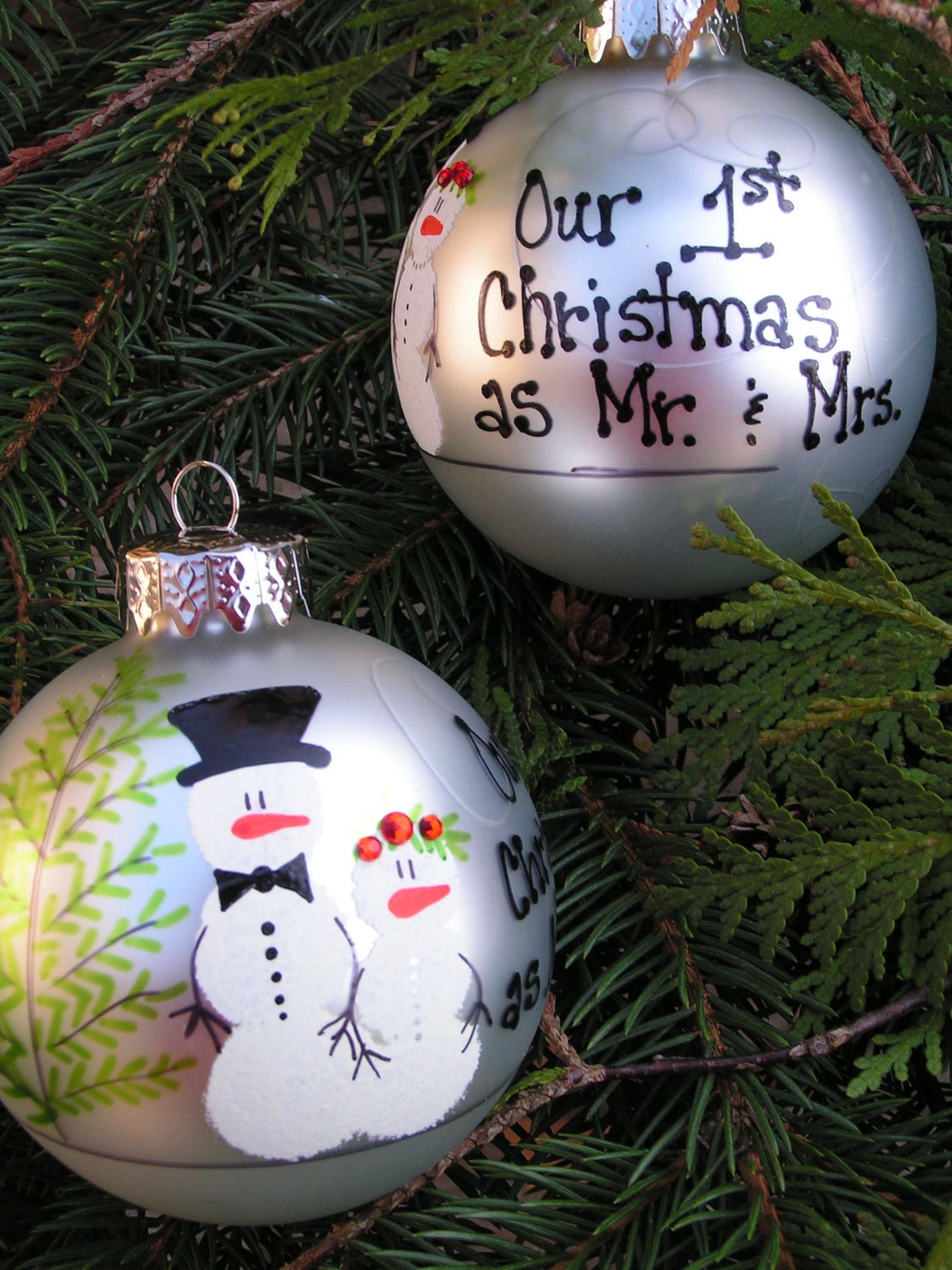 OUR FIRST CHRISTMAS as Mr. & Mrs. Hand painted ornament