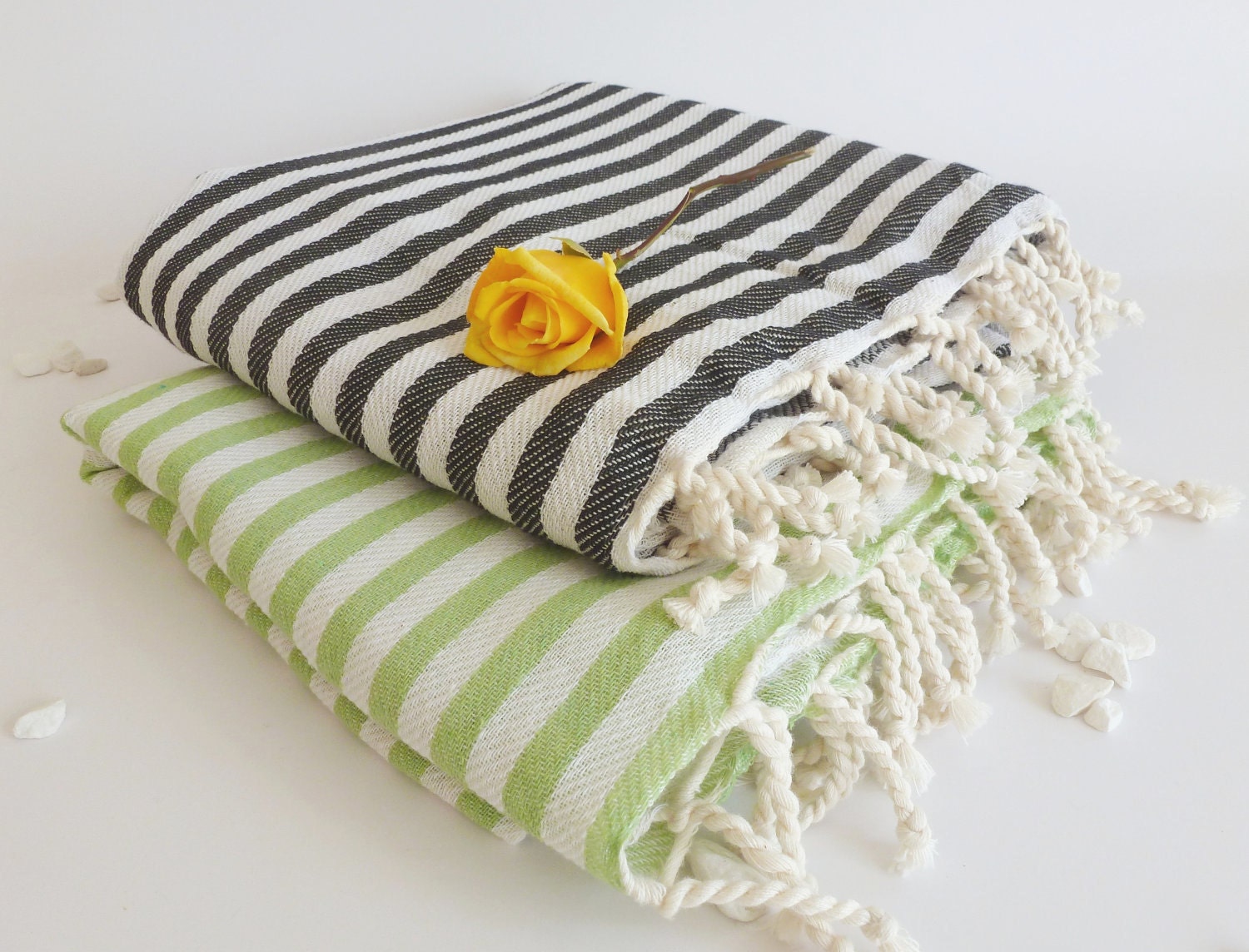 SALE Set of 2 Turkish Bath Towel: Peshtemal, Light and Thin Bath, Beach, Spa Towel, Black and Green