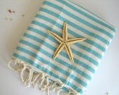 Traditional Turkish Bath Towel: Peshtemal, Light and Thin Bath, Beach, Spa Towel, Sarong, Paroe, Aqua Striped