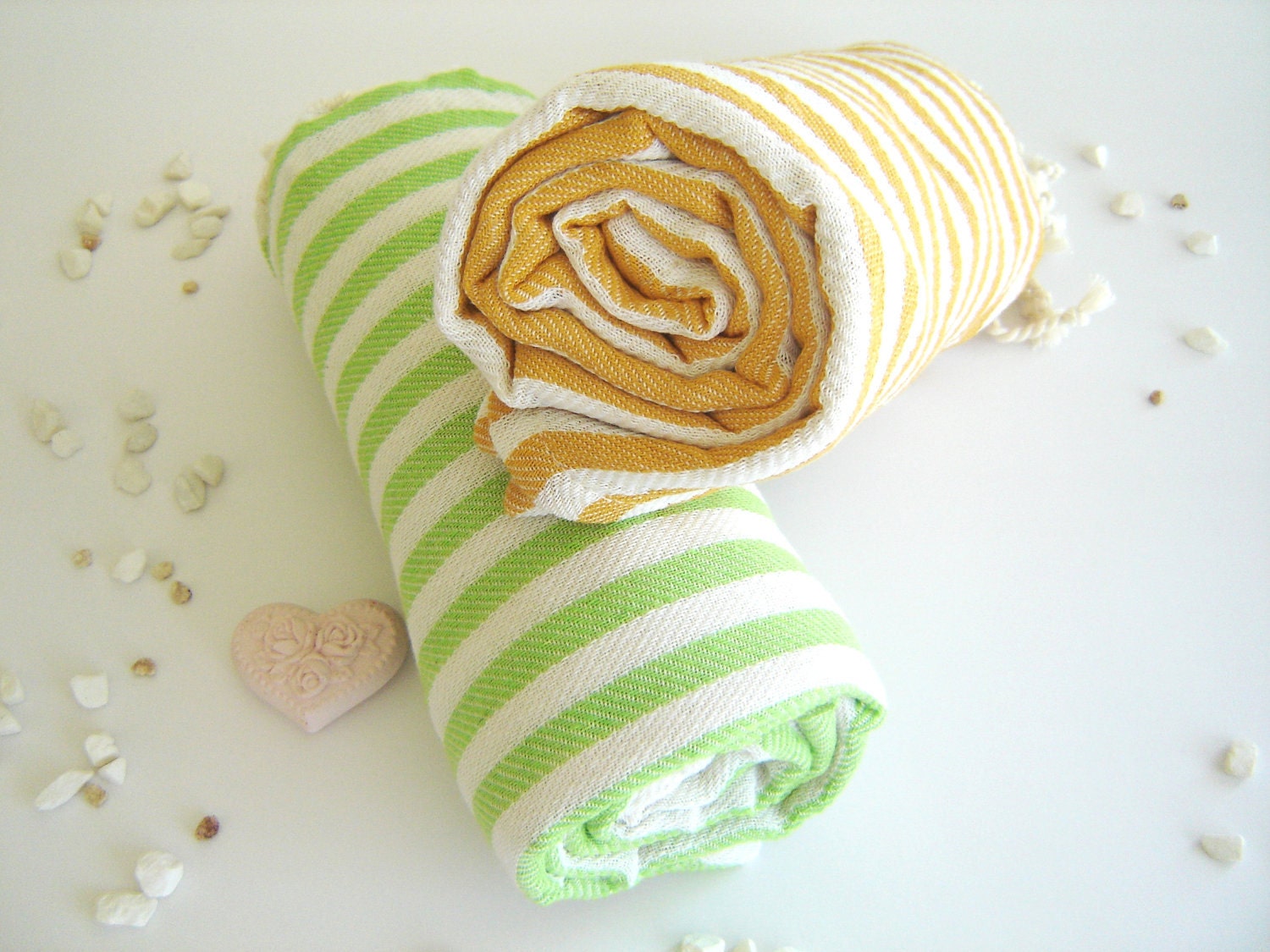 SALE Set of 2 Turkish Bath Towel: Handwoven Peshtemal, Bath, Beach, Spa Towel, Yellow and Green