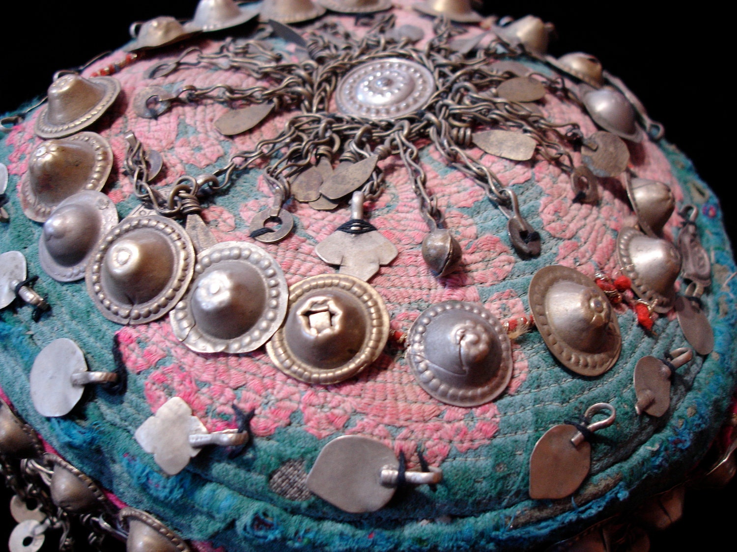 Hand embroidered turquoise and pink Turkoman hat