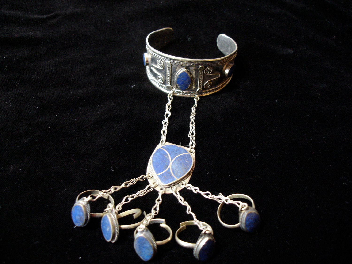 Afghani silver and lapis blue hand piece five ring bracelet Tribal fusion belly dance