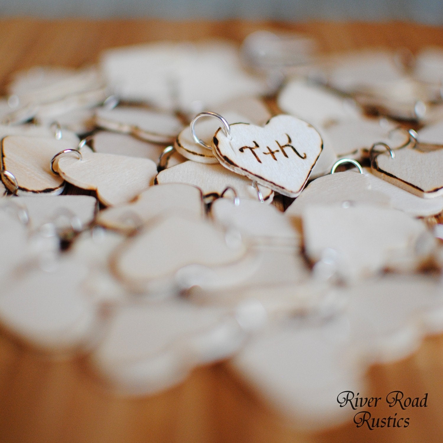 Rustic Wedding Favor Wood Heart Charm Tags (Set of 200) Personalized with your initials. Ships Quickly.