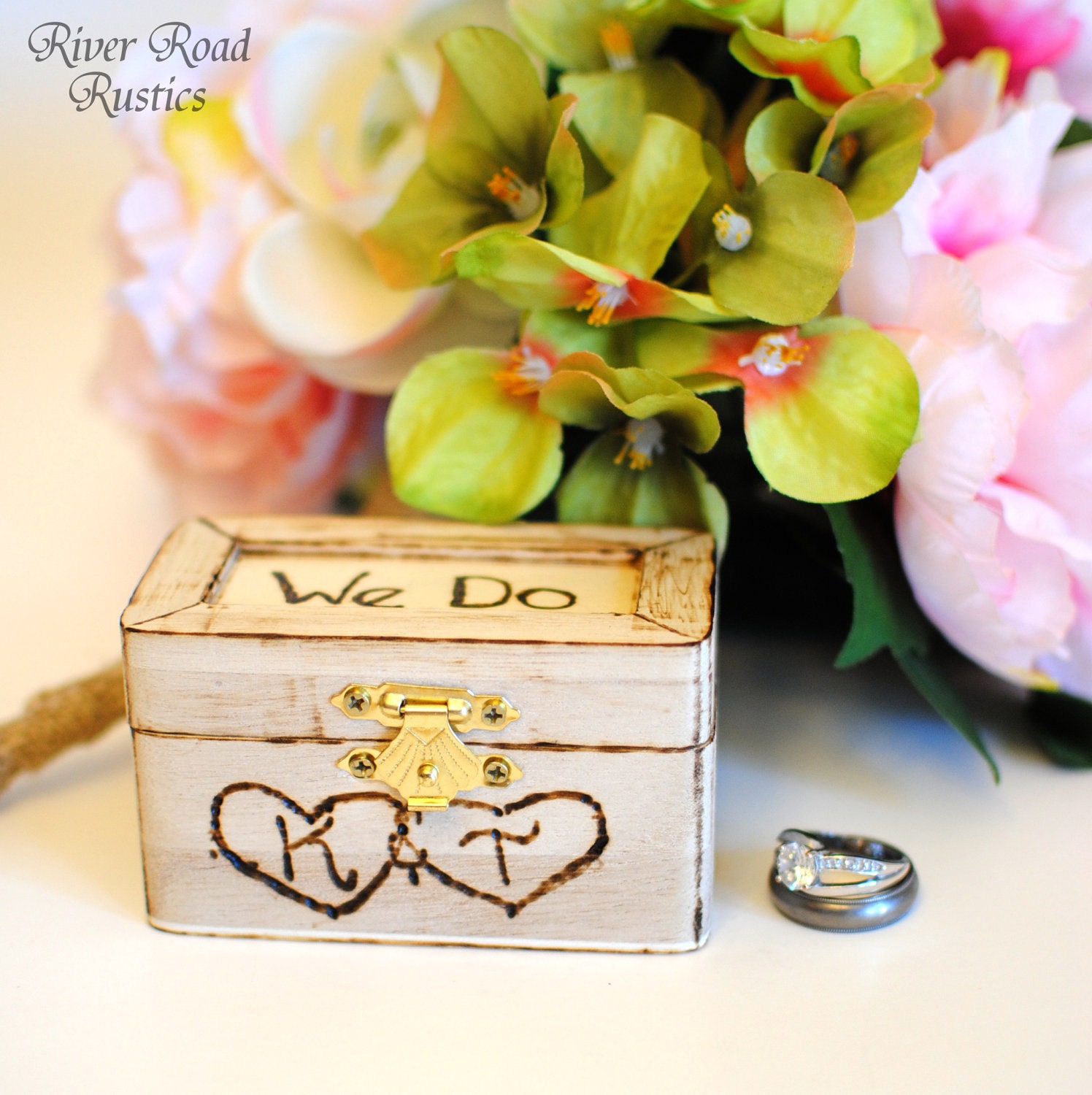 Rustic Wedding Ring Box Keepsake or Ring Bearer Box- Personalized Comes WIth Burlap Pillow. Ships Quickly.