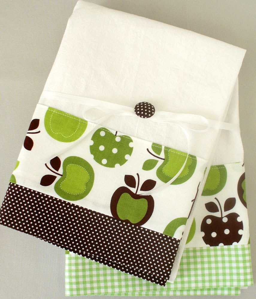 Kitchen towel with apple pattern in green and brown cotton fabric accent - set of two flour sack towels