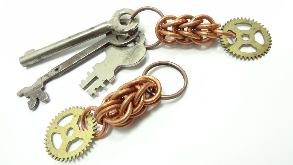 Steampunk Key Ring Chainmail And Antique Brass Gear