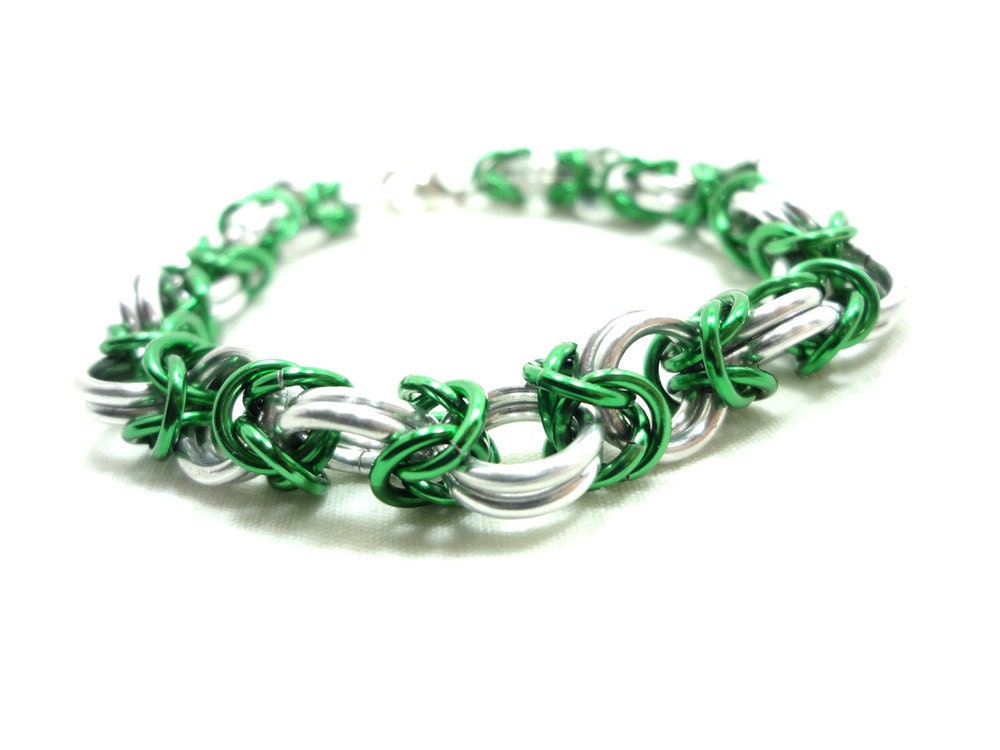 Byzantine Chainmail Bracelet Anodized Aluminum Green And White