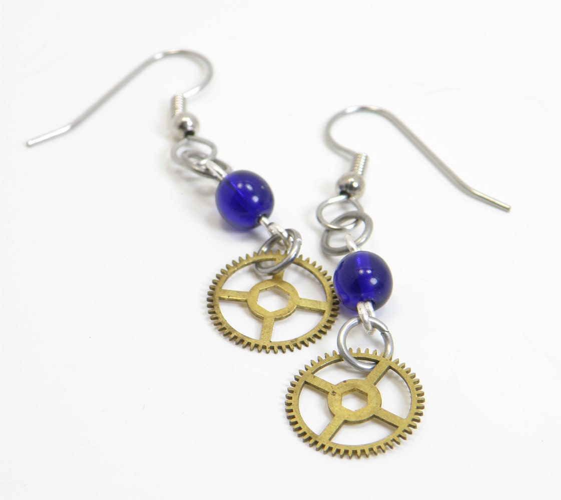 Steampunk Earrings Gears And Cobalt Blue Glass Beads OOAK