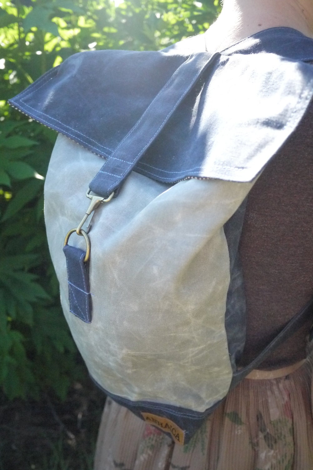 Blue and Grey Small Waxed Canvas Backpack, Day pack