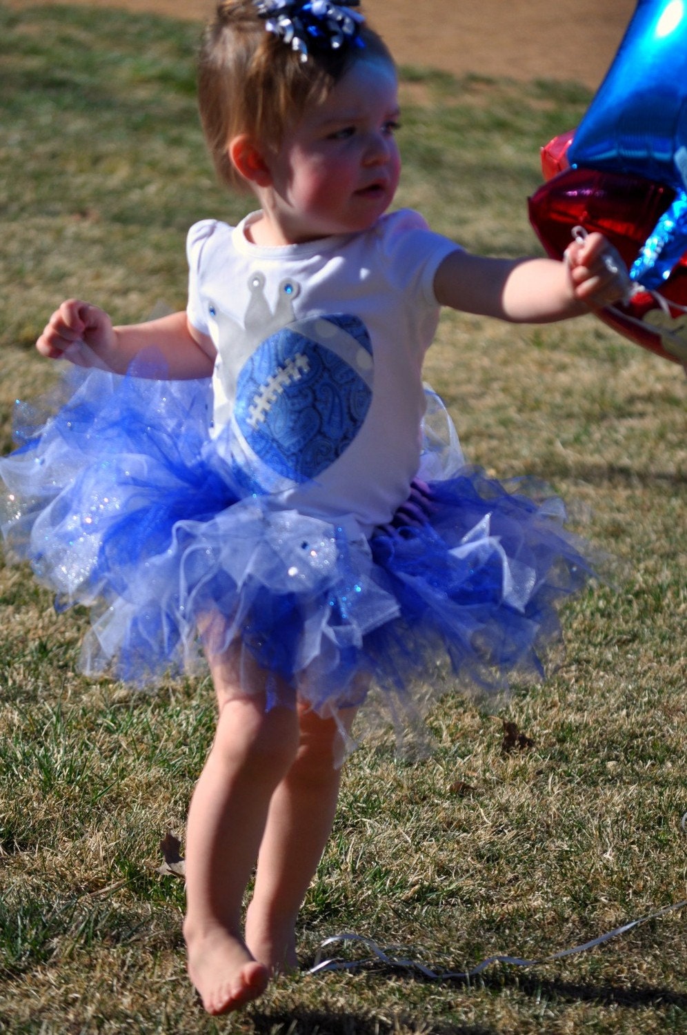 Team Spirit Boutique Style Tutu and Football Princess Tee - Blue, Silver/Grey and White - Newborn, Toddler, Youth