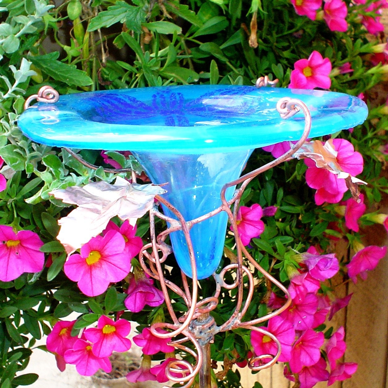DRAGONFLY BIRDFEEDER, stained glass, copper, Aqua, Blue, garden art, HUMMINGBIRD, suncatcher