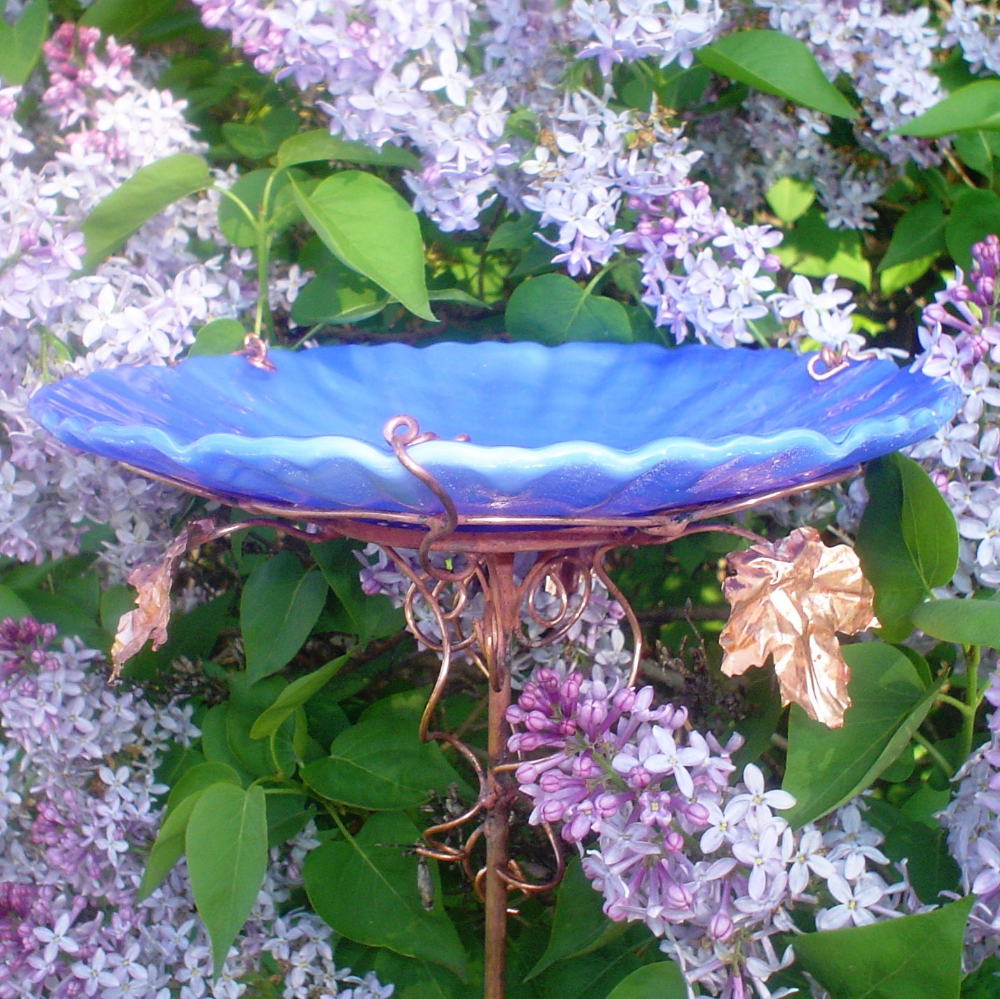Gifts for Men, BIRD BATH, Garden, stained glass, copper, Cerulean BLUE, Home Decor, Housewares