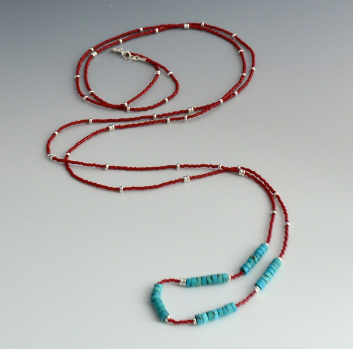 Long Necklace with Red Seed Beads, Argentium Sterling Silver Beads and Turquoise beads