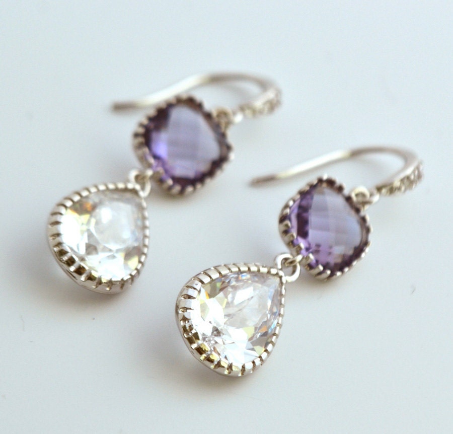 Wedding Jewelry - Silver Earrings with Cubic Zirconia and Tanzanite Glass Stones - Bridal - Simple and Elegant