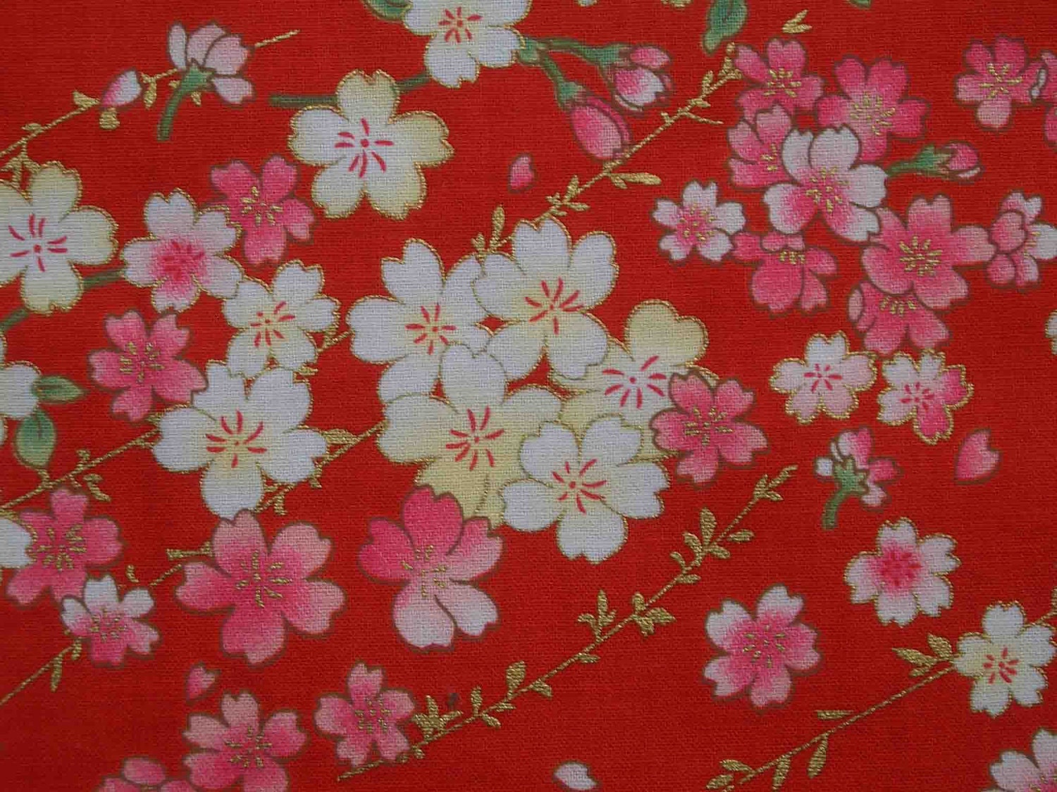 SALE - Japanese cherry blossoms, gold metallic, fat quarter, pure cotton fabric