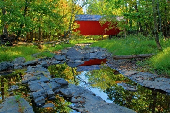 Landscape Photography - Covered Bridge - Rustic - Cabin Run - Bucks County, PA - Cottage Decor - Reflection - Stream - HDR - Art Print - 6X
