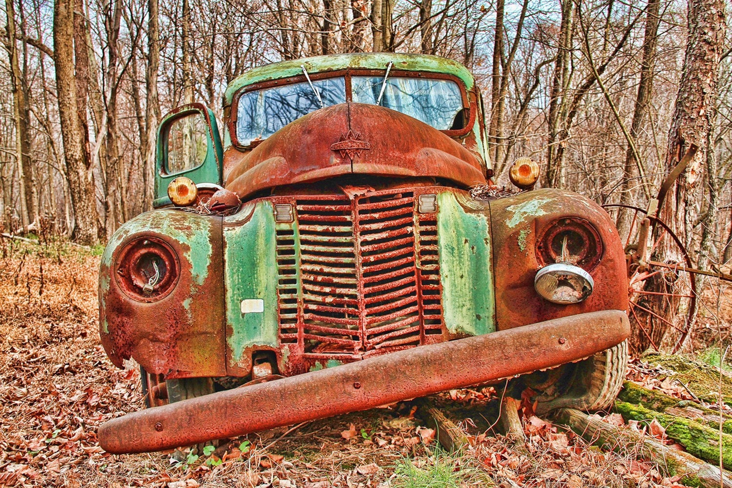 Rustic Photography, Rusty, Autumn, Vintage, Rusty Old Green Truck, Car, HDR Photograph, Art Print, 6X9, Other Sizes Available