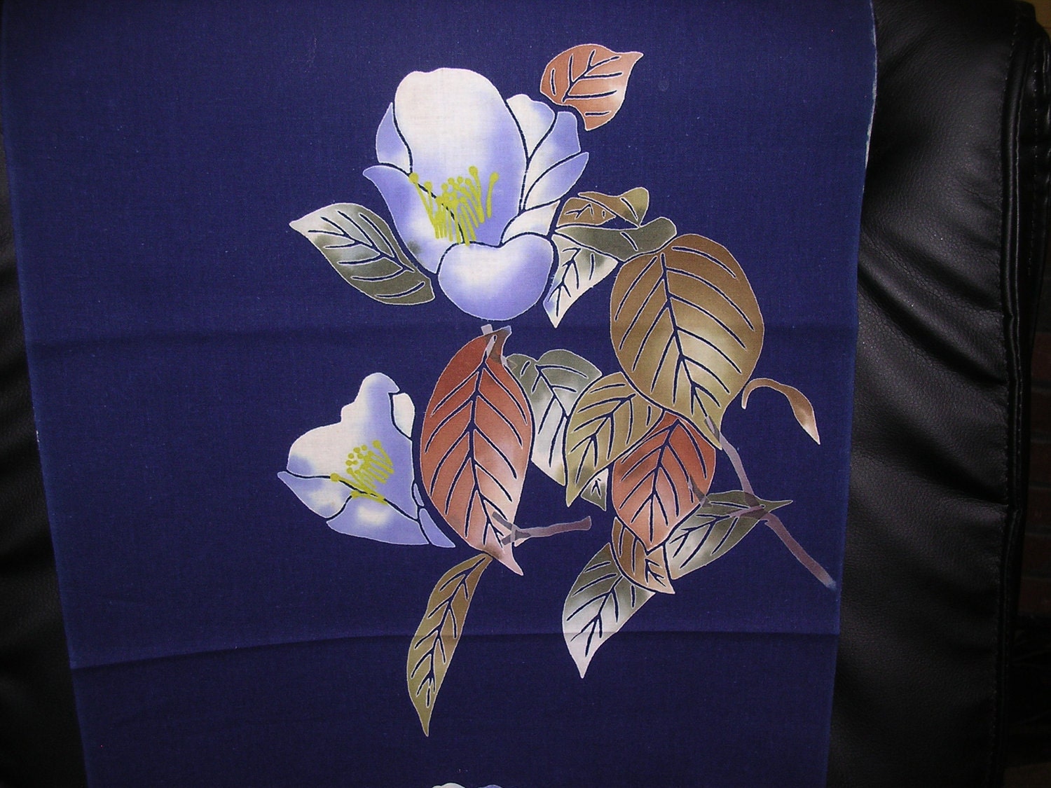 CAMELLIA on INDIGO vintage Japanese Yukata cotton 15 x 50 inches