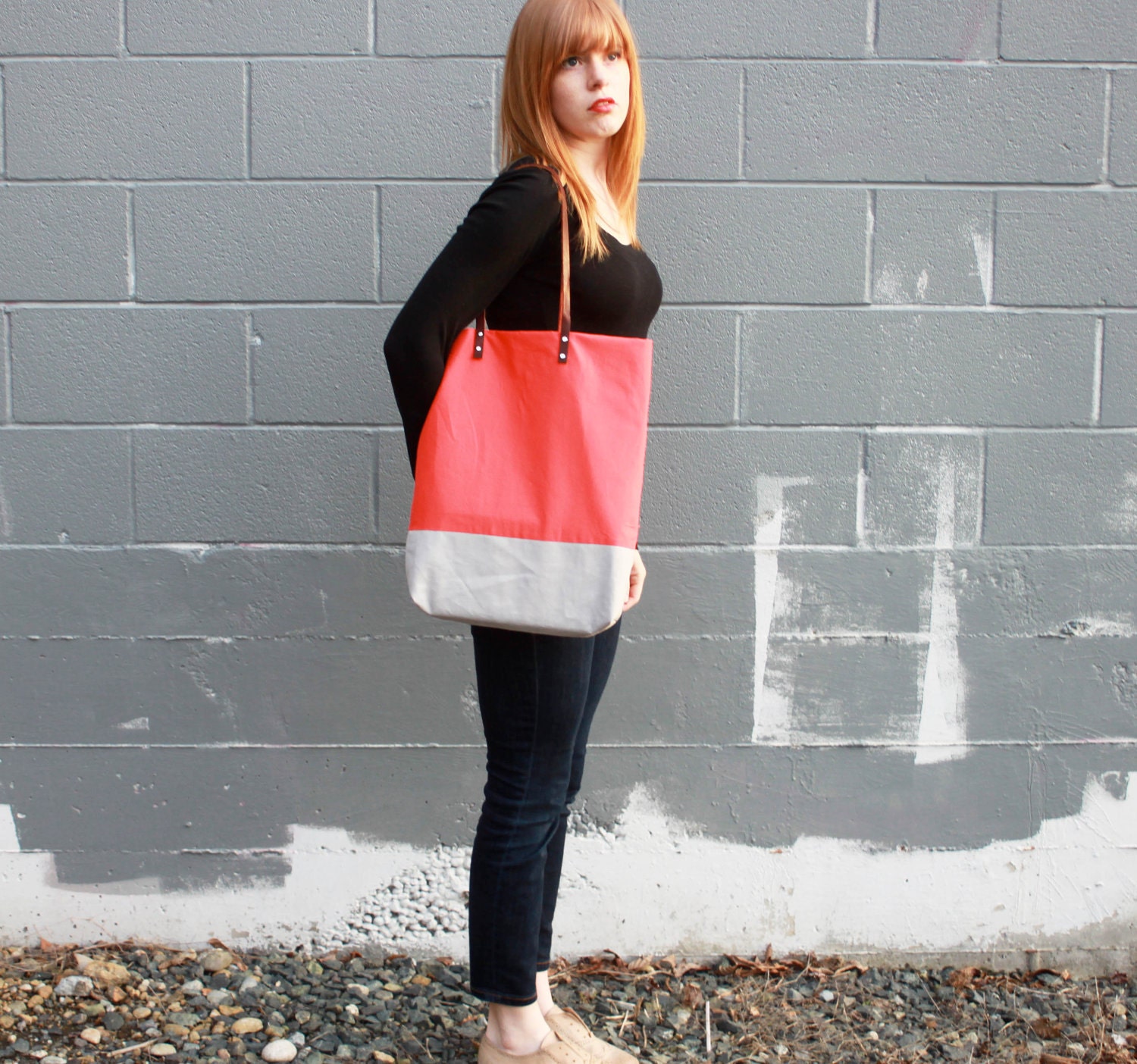 tote bag purse in coral and gray color block with leather straps by rouge & whimsy