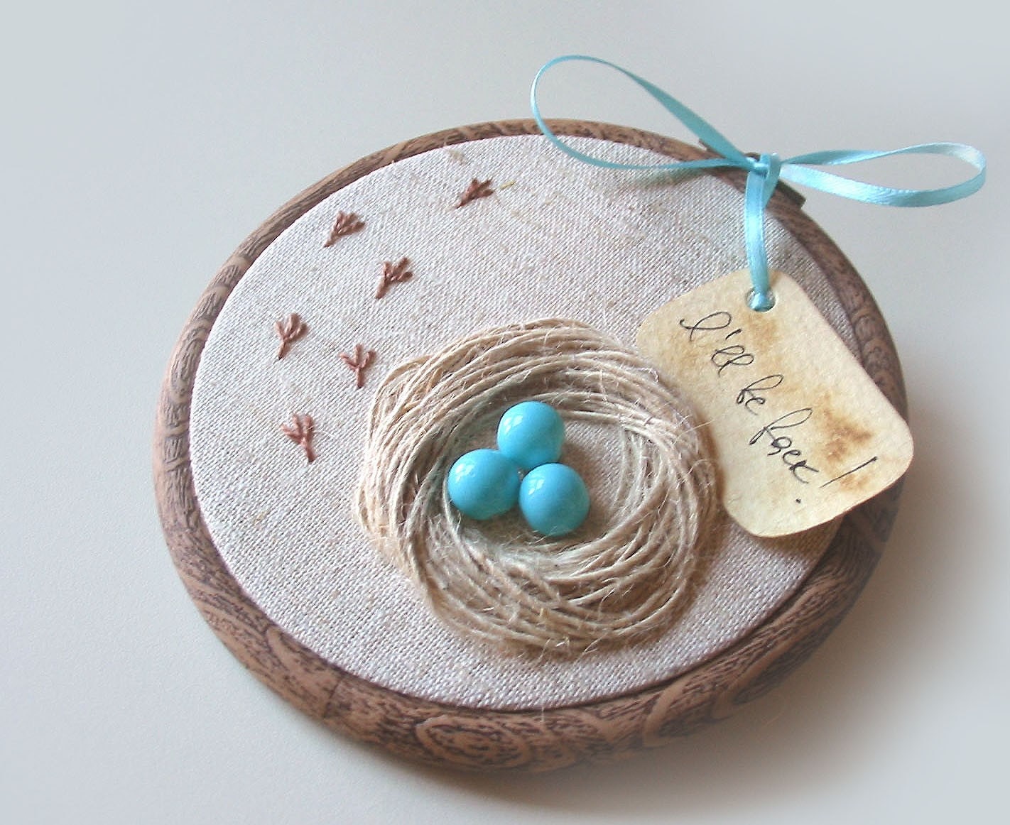 Organic Hand Embroidered Wall Hanging Nest with Robin Eggs- I WILL BE BACK - tbteam