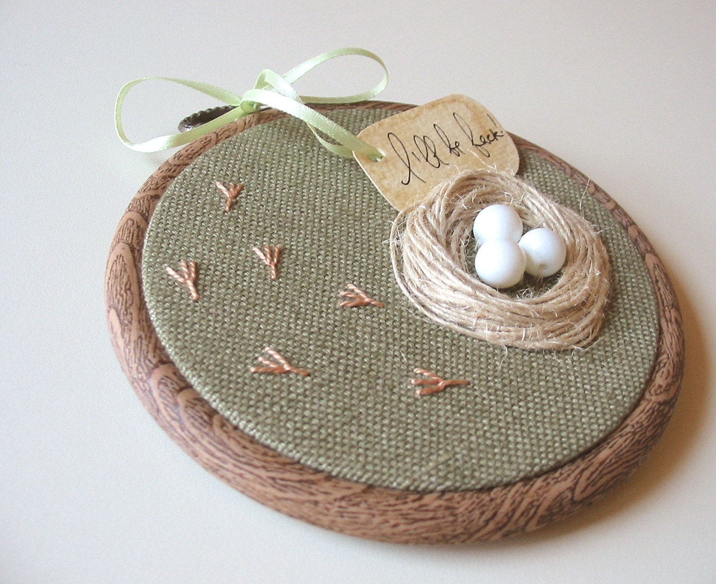 Organic Olive Hand Embroidered Wall Hanging Nest with White Eggs- LILLY'S NEST - tbteam - RESERVED