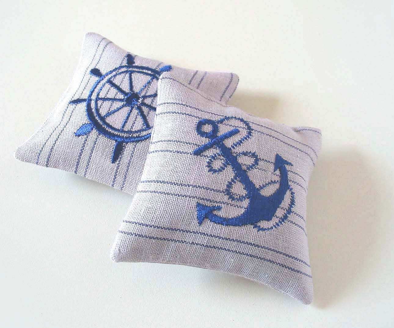 Organic Lavender Sachets NAUTICAL - Set of Two Blue Embroidered Linen Cushions - tbteam