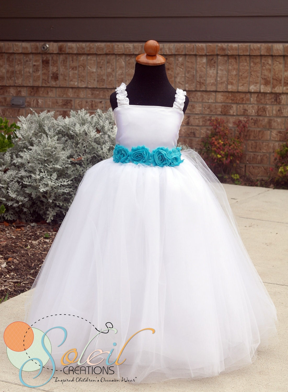 White Flower Girl Dress Vintage Teal Turquoise by SCbydesign