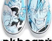 Manga Comic Book Handpainted Custom Shoes, Black White & Blue