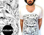 SALE T Shirt - Black & White OCTOPUS TENTACLES - Limited Edition Original Illustration - Scoop Neck 100% Cotton T