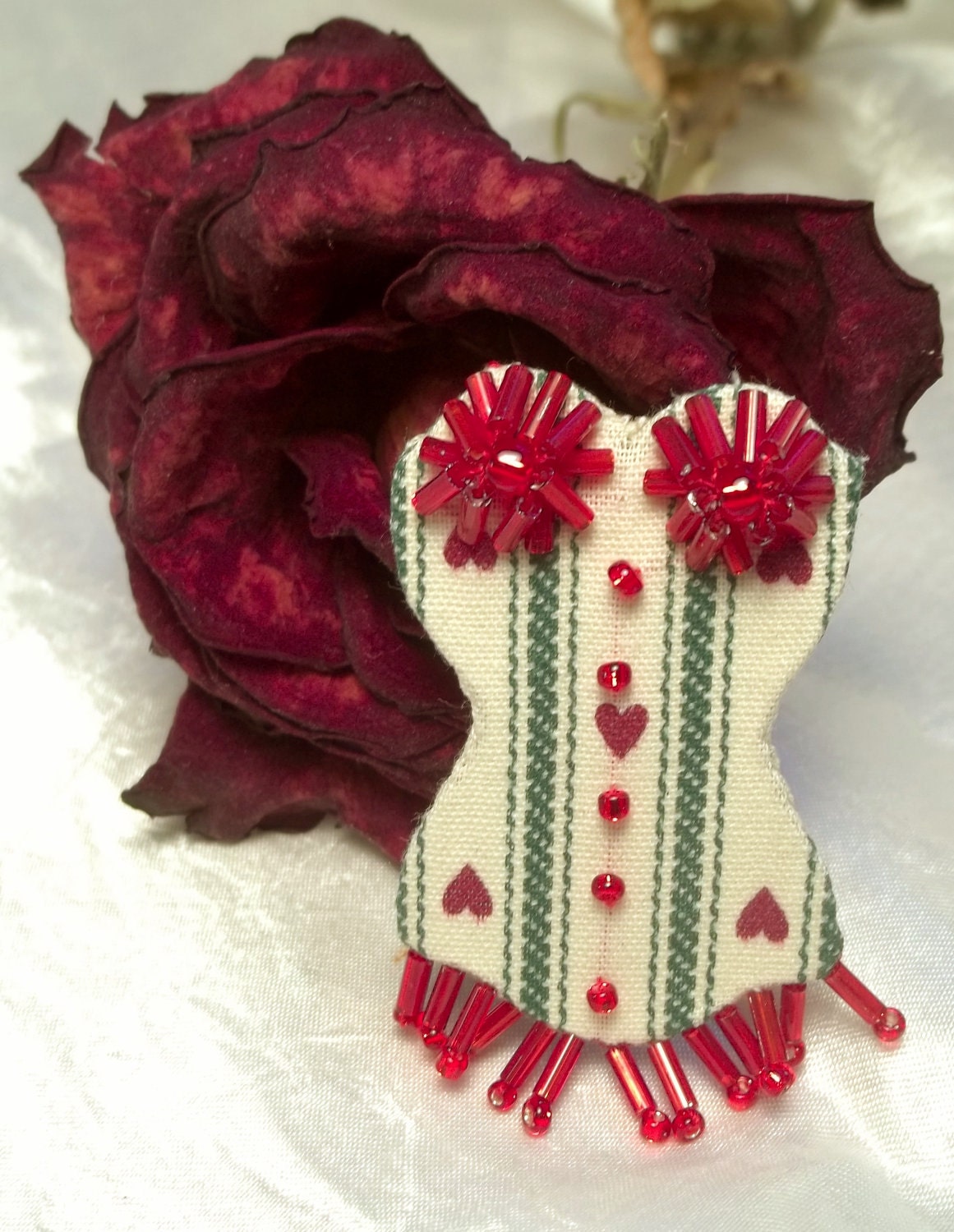 Burlesque Corset Brooch Pin Green Ticking Stripe with Hearts