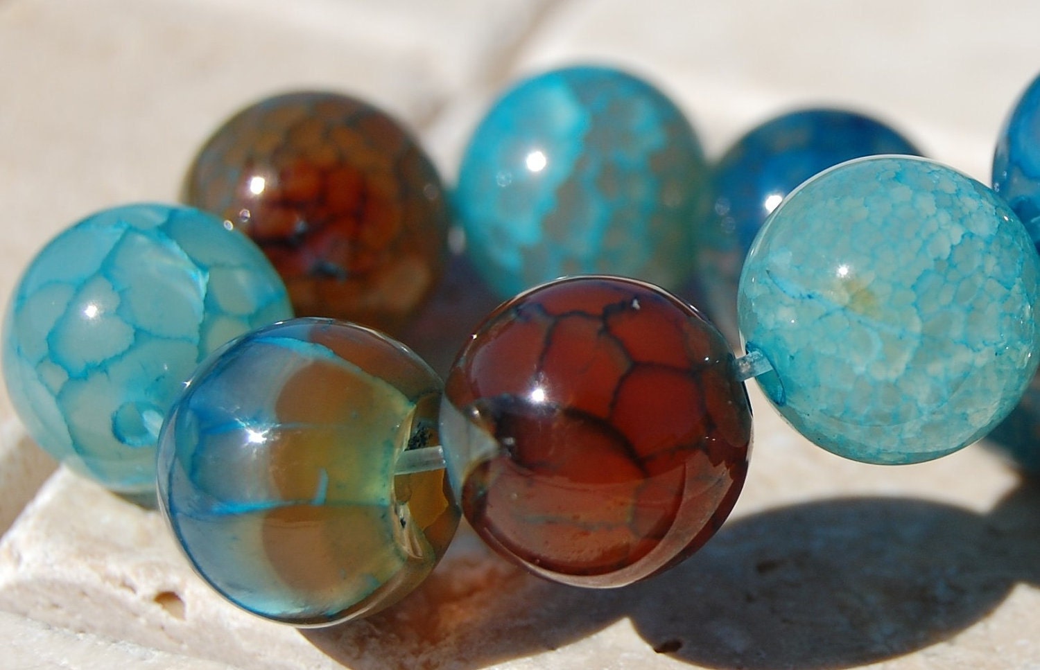 12mm Fire Agate Beads in Teal Blue Round Stones -8 inch strand