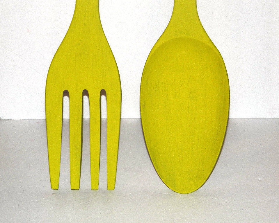 Giant 28" Upcycled Vintage Fork and Spoon Wooden Wall Hanging Set - Tiki Carved Handles - Beach Decor Fork and Spoon