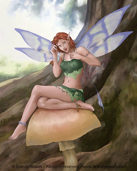 Fairy on Mushroom Fantasy Goddess 8x10 Art Print Brandy Woods