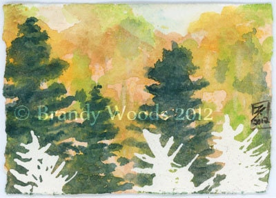 Fall Colors Pine Maple Trees Landscape Watercolor Painting SFA ACEO Brandy Woods