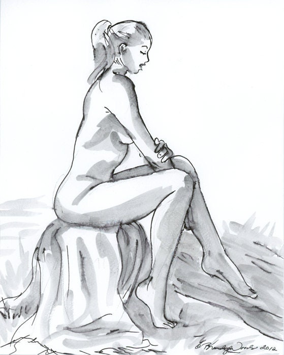 Beautiful female nude figure watercolor ink original art artwork Brandy Woods